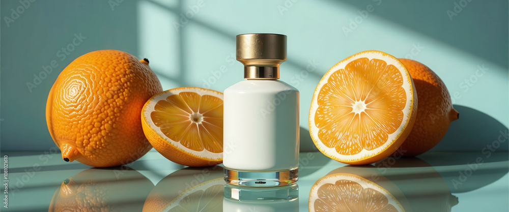 Poster a bottle of perfume is displayed on a table with a few oranges and a log. concept of luxury and soph