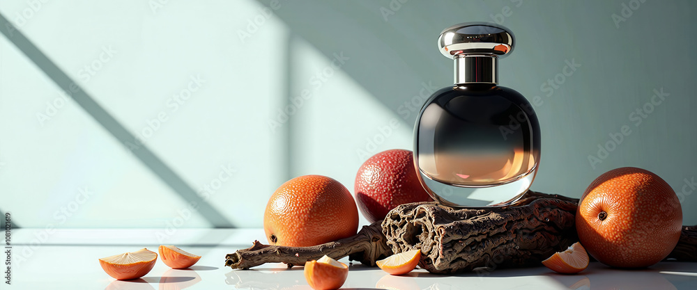 Poster a bottle of perfume is displayed on a table with a few oranges and a log. concept of luxury and soph