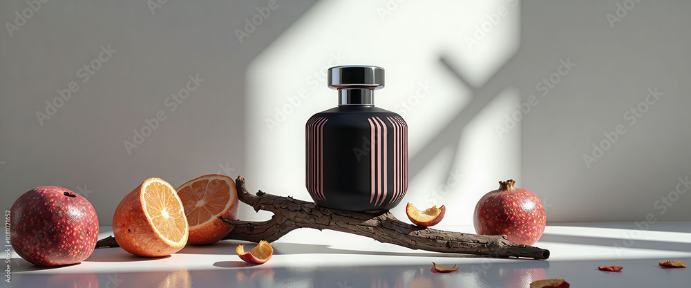 Poster a bottle of perfume is displayed on a table with a few oranges and a log. concept of luxury and soph