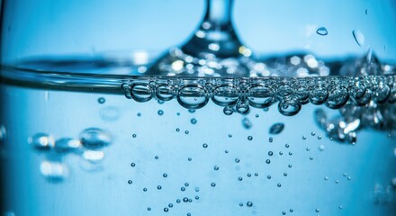 Close-up freshness: Bubbles in sparkling water blue background