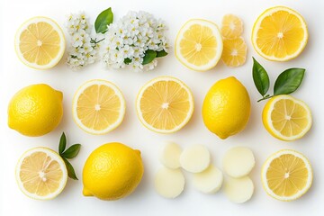 Fototapeta premium Vibrant yellow lemons, both whole and halved, are displayed with lemon soap and delicate white blossoms on a clean white background