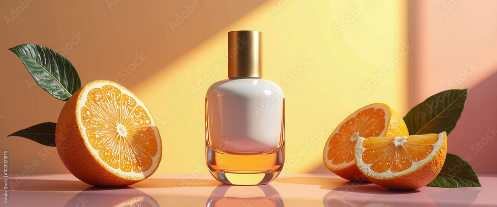 Poster a bottle of perfume is displayed on a table with a few oranges and a log. concept of luxury and soph