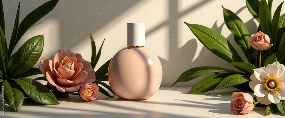 Poster a bottle of perfume is displayed on a table with a few oranges and a log. concept of luxury and soph