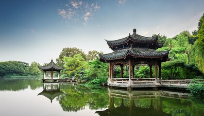 Fototapeta premium Traditional Chinese Pavilions in Hangzhou’s West Lake Surrounded by Lush Gardens and Reflective Waters, Creating a Serene Cultural Landscape Perfect for Peaceful Meditation and Photography