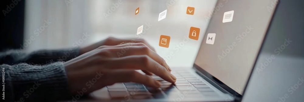Poster woman's hands typing on a laptop keyboard with social media and app icons floating above the screen,