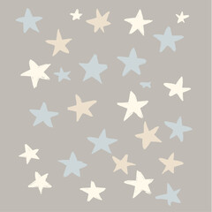 Trendy celestial design with hand-drawn scattered stars in light blue and ivory, whimsical patterns on a muted gray background, wallpaper, textile design, vector illustration, trendy pattern.