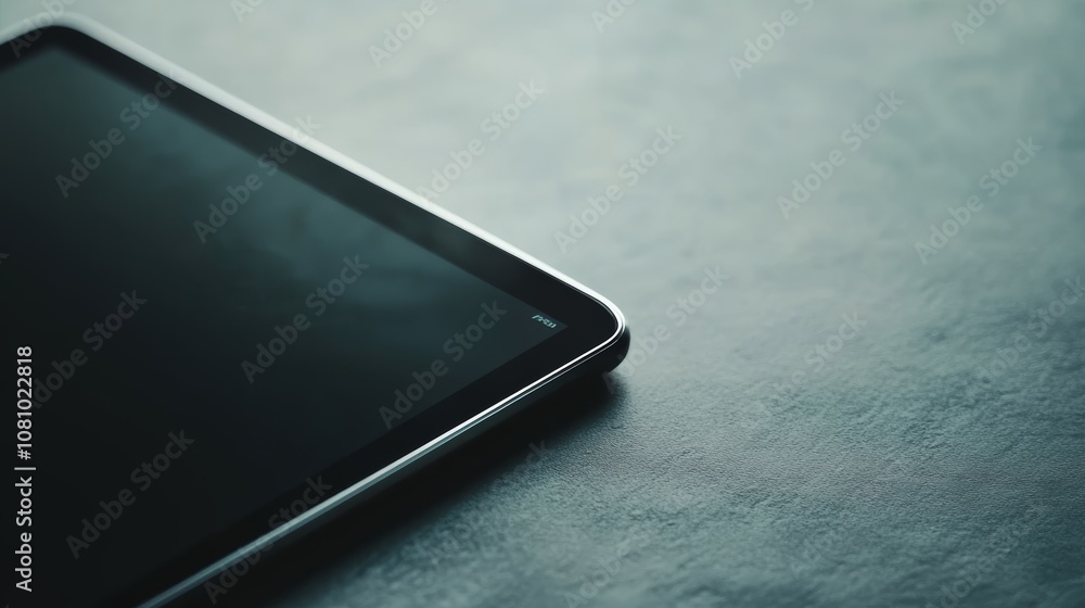 Poster Close up of a tablet computer lying on a textured table surface, displaying an email notification on its dark screen, suggesting the arrival of new messages