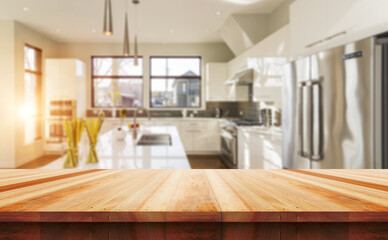 Empty wooden table with the bright white interior of the kitchen as a blurred background behind the bokeh golden sunshine
