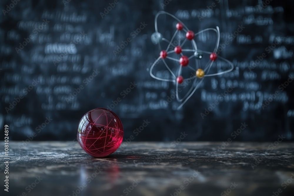 Poster red sphere and floating atom model in a science classroom with chalkboard equations