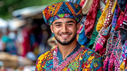 Fototapeta premium #motw - A handsome Uzbek man wearing colorful traditional attire smiles warmly in a vibrant cultural setting.