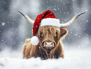 Highland cow wearing a Santa hat