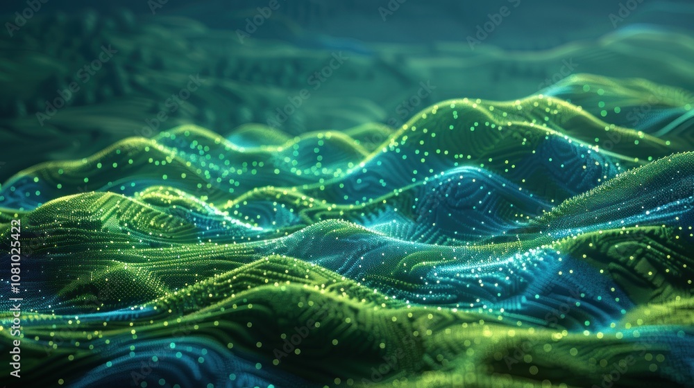 Poster abstract digital landscape with green and blue undulating lines and glowing particles.