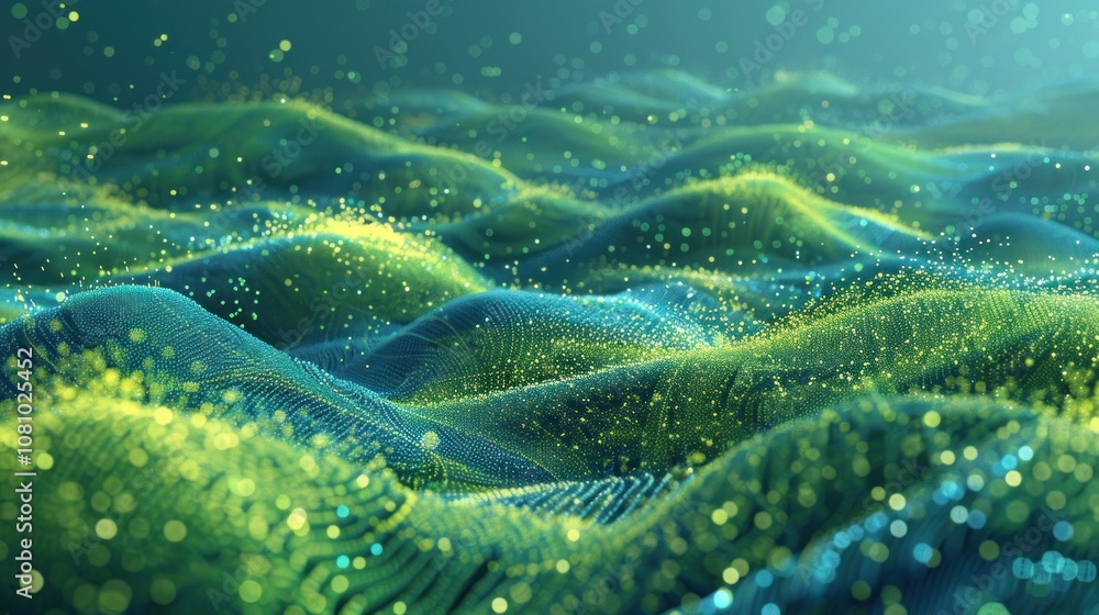 Poster abstract green and blue wavy pattern with glowing particles.