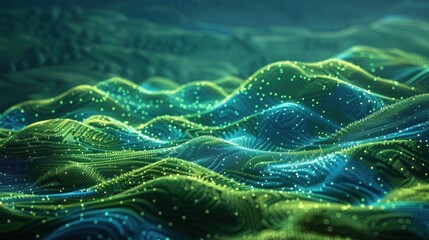 Abstract digital landscape with green and blue undulating lines and glowing particles.