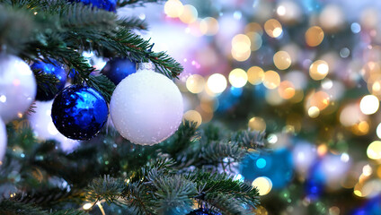 beautiful Christmas background. festive decor, blue and white glass balls and glowing garlands on christmas tree. Symbol of winter season, New Year, Christmas holidays. selective focus