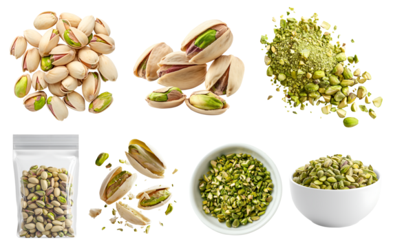 Pistachio pistachios nut seed fruit kernel, many angles view side top pile bowl, packet foil, with husk shell, drop fly, broken pieces isolated on transparent cutout, PNG. Mockup template for design
