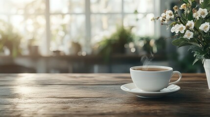 A white coffee cup on a wooden table surrounded by morning light, with flowering plants adding a natural beauty. It depicts a serene and peaceful morning scene.