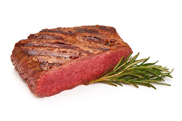 Grilled beef steak, medium rare steak, isolated on white background.