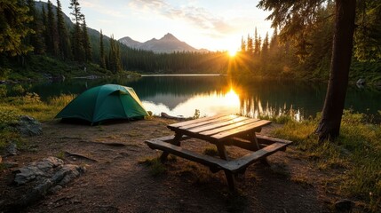 A green tent set up by a peaceful lake at sunset, surrounded by lush forest and mountains, encapsulating the essence of an idyllic camping experience.