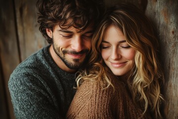 A couple embraces warmly indoors, sharing a joyful moment while dressed in cozy sweaters