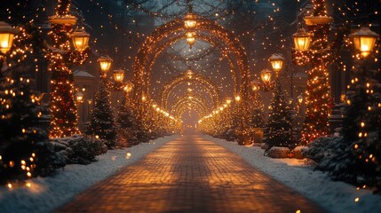 Naklejka premium A magical winter wonderland path lit by twinkling lights and snow-covered trees.