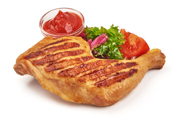 Roasted chicken quarters with mix salad, isolated on white background.