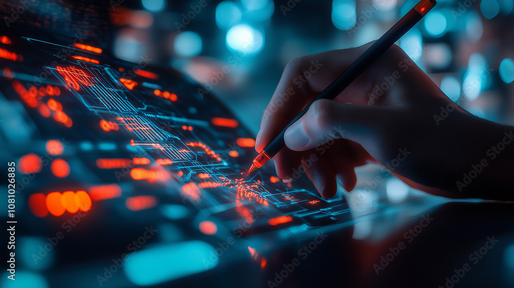 Poster engineer designing futuristic pcb with digital pen on interactive screen