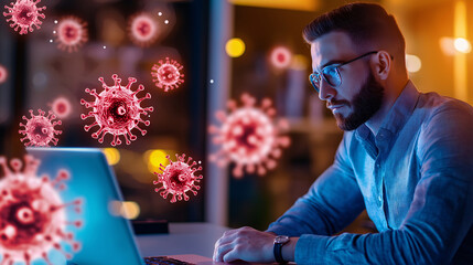 Man Working on Laptop with Coronavirus Pandemic Concept Cold and Flu Virus Season Highlighting Health and Illness Concepts