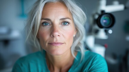 A woman with contemplative eyes in a lab setting, donned in a teal shirt, standing near a microscope, embodies professionalism and scientific inquiry.