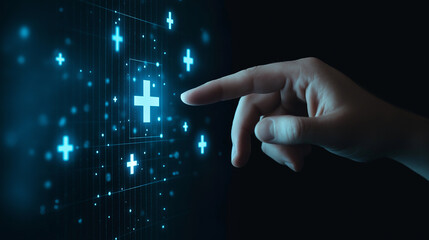 Hand touching plus sign for health care and medical insurance concept