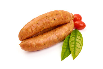Smoked pork sausages, isolated on white background.