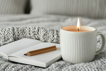 healing reflections , Moments of stillness concept A cozy scene featuring a lit candle, a notepad, and a pencil, inviting relaxation and creativity in a soft, textured setting.