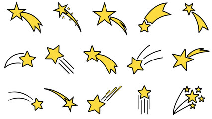 Set of stars icon, Star icon, golden star, shooting star, Christmas star, space,  Christmas icon, merry christmas, star with black stroke, five points star, black stroke