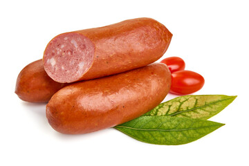Smoked pork sausages, isolated on white background.