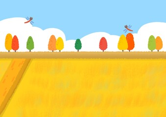 가을 농사 농부 밭가는 농부 소와 농부 논밭 가을풍경 시골길 추수 일러스트 © nusoi