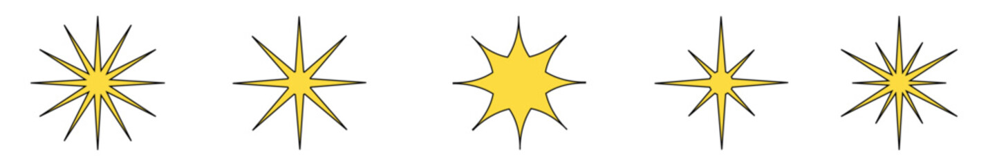 Obraz premium Set of stars icon, Star icon, golden star, shooting star, Christmas star, space, Christmas icon, merry christmas, star with black stroke, five points star, black stroke