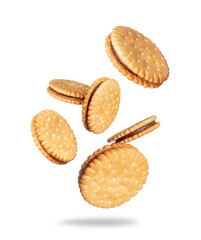 Levitation of crispy cookies with chocolate filling close up in the air, isolated on a white...