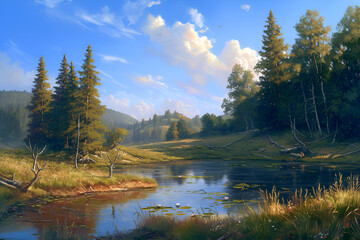 Obraz premium Tranquil Forest Pond Illustration