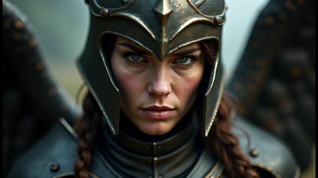 A female warrior with wings and a helmet stares intensely at the camera