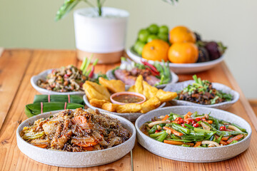 Various kinds of noodles are stir fried together with vegetables and seasoned with mala pepper giving this stir fried noodle dish spicy flavor and making it very popular tai yai dish. noodles mala