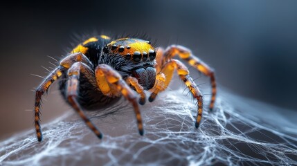 A striking macro image featuring a vibrant spider perched upon its web, highlighting the precision and beauty inherent in the natural world and its creatures.