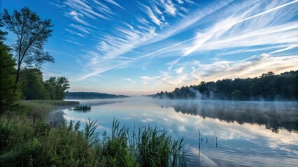 Fototapeta premium Morning mist rises from a tranquil lake amidst a stunning blue sky with wispy clouds drifting gently across, peaceful, morning, serene