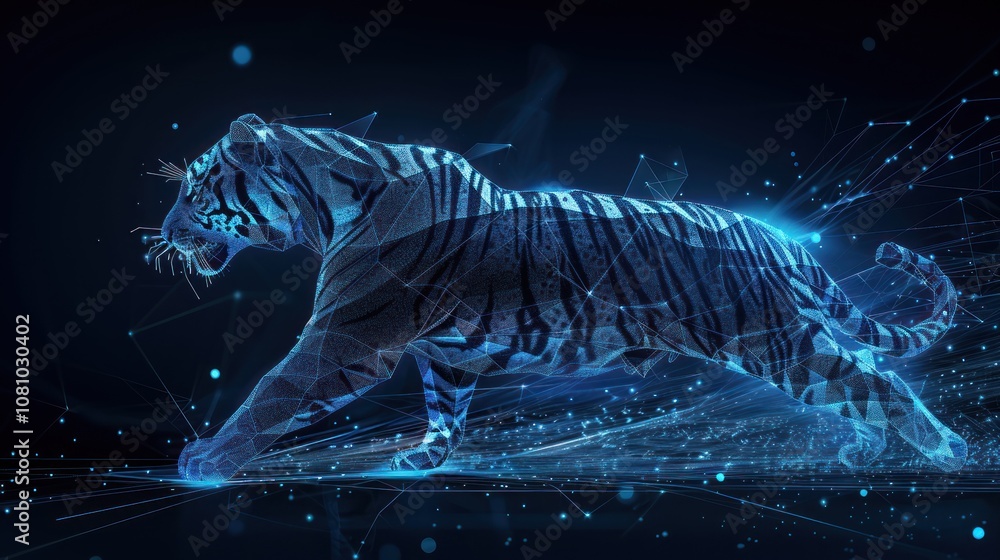 Poster a digital tiger in motion with blue glowing lines and dots creating a digital effect.
