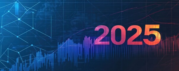 Futuristic digital design featuring the year 2025 with vibrant colors and abstract data visualization