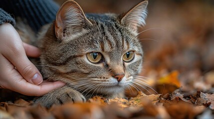 A tabby cat with yellow eyes lies in a bed of autumn leaves while being petted by a human hand.