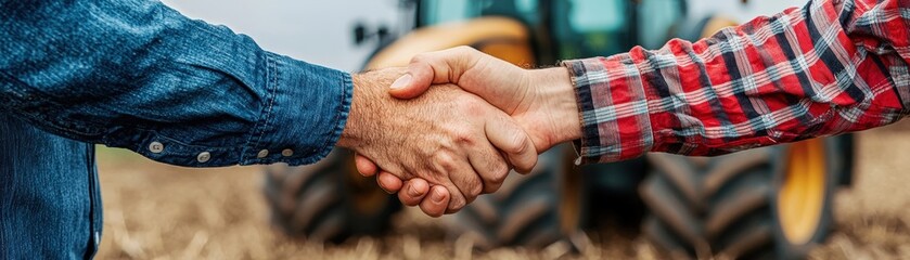Fototapeta premium Two farmers shaking hands in a field, symbolizing partnership and collaboration in agriculture