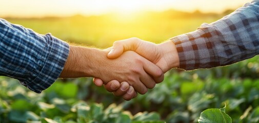 Two farmers shaking hands in a lush green field during sunset, symbolizing partnership and collaboration