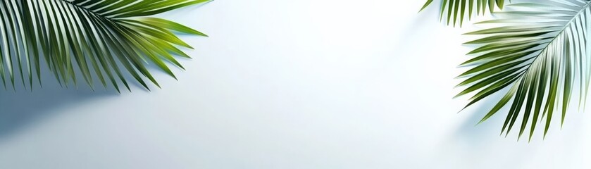 Obraz premium Vibrant green palm leaves frame a serene light blue background, creating a tropical atmosphere