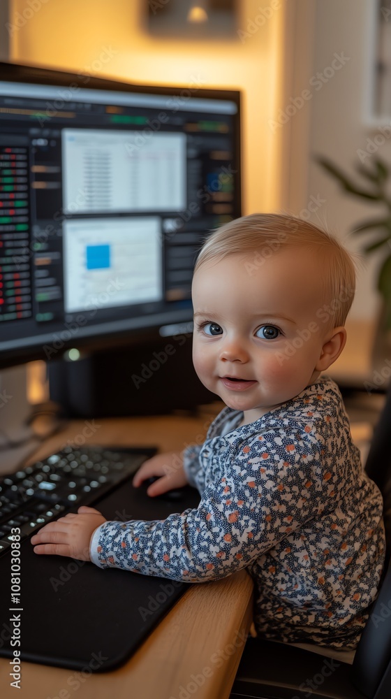 Aufkleber a cute baby sits at a computer desk, looking at the camera with a curious expression.