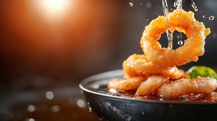 Crispy onion rings in a dark setting with water splashing over them, providing a refreshing and dynamic contrast to the golden fried texture of the rings.